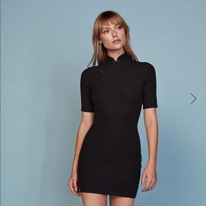 REFORMATION black rib knit short sleeve mandarin collar mini dress